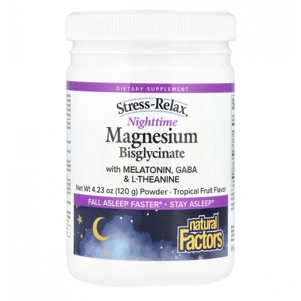 Natural Factors, Stress-Relax Nighttime, Магний бисглицинат с мелатонином, ГАМК и L-теанином, вкус тропических фруктов, для сна, порошок 120 г