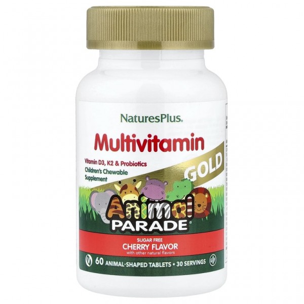 NaturesPlus, Animal Parade® Gold, жевательные мультивитамины для детей, со вкусом вишни, 120 таблеток в форме животных