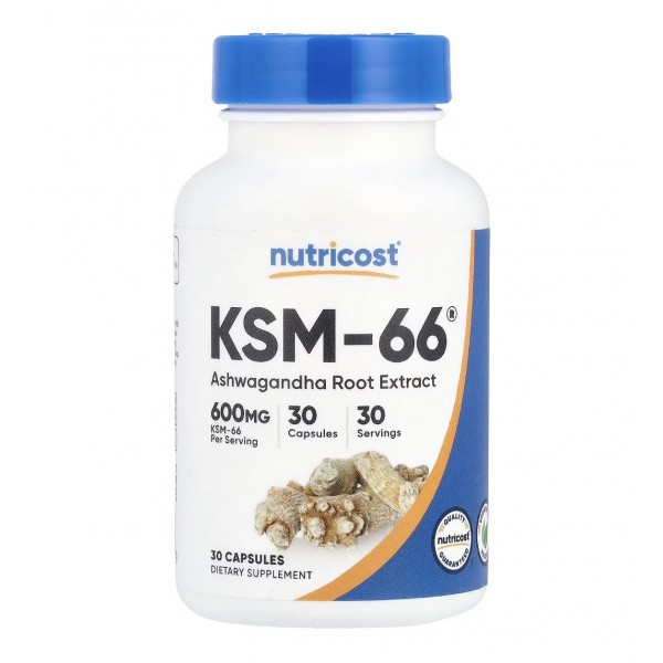 Nutricost, KSM-66, Ашваганда 600 мг, экстракт корня, 30 капсул