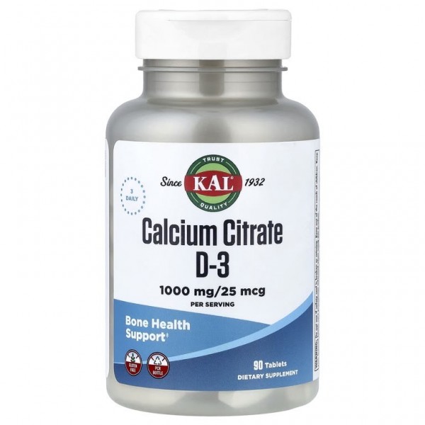 KAL, Calcium Citrate D3, Кальций цитрат 1000 мг + Д3 1000 МЕ (в 3 таблетках), 90 таблеток