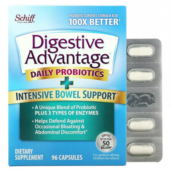 Schiff Digestive Advantage, Пробиотик для ежедневного применения, интенсивная поддержка функции кишечника, 96 капсул