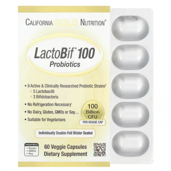 California Gold Nutrition, LactoBif 100, пробиотики, 100 млрд КОЕ, 60 растительных капсул