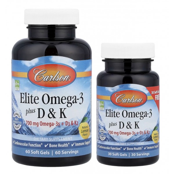 Carlson, Elite Omega-3 с витаминами D и K, натуральный лимон, 90 капсул