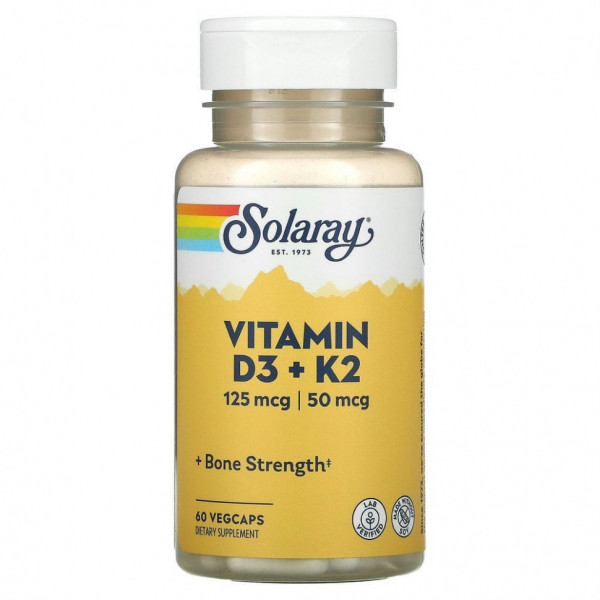 Solaray, Витамин D3(Д3) и К2, 5000МЕ, 60 вегетарианских капсул