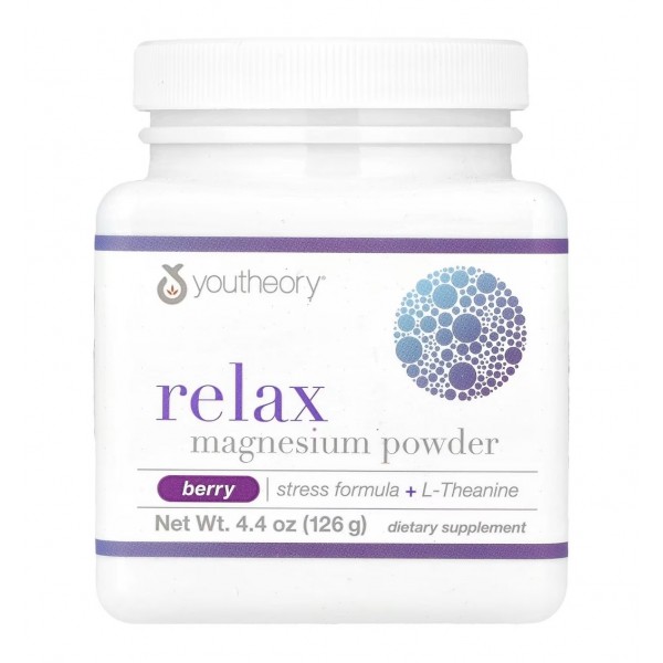 Youtheory, Relax magnesium powder, магниевый порошок, формула для снятия стресса + L-теанин, вкус ягод, 126 г
