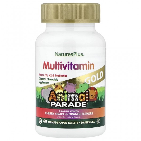 NaturesPlus, Animal Parade® Gold, жевательные мультивитамины для детей, со вкусом вишни, винограда и апельсина, 120 таблеток в форме животных