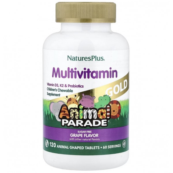 NaturesPlus, Animal Parade® Gold, жевательные мультивитамины для детей, со вкусом винограда, 120 таблеток в форме животных