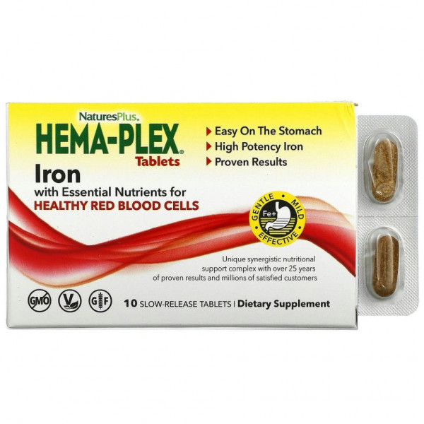 NaturesPlus, Hema-Plex/Хемаплекс/Железо, 10 таблеток с замедленным высвобождением