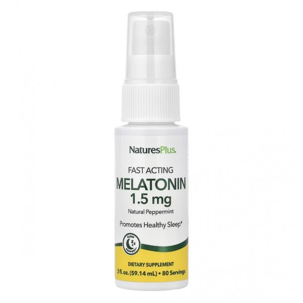 NaturesPlus, Fast acting Melatonin, Мелатонин быстродействующий 1.5 мг, натуральная перечная мята, спрей, 59.14 мл