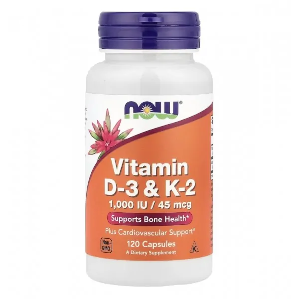 NOW Foods, Vitamin D3 + K2, Витамин Д3 1000 МЕ и К2 45 мкг, 120 капсул